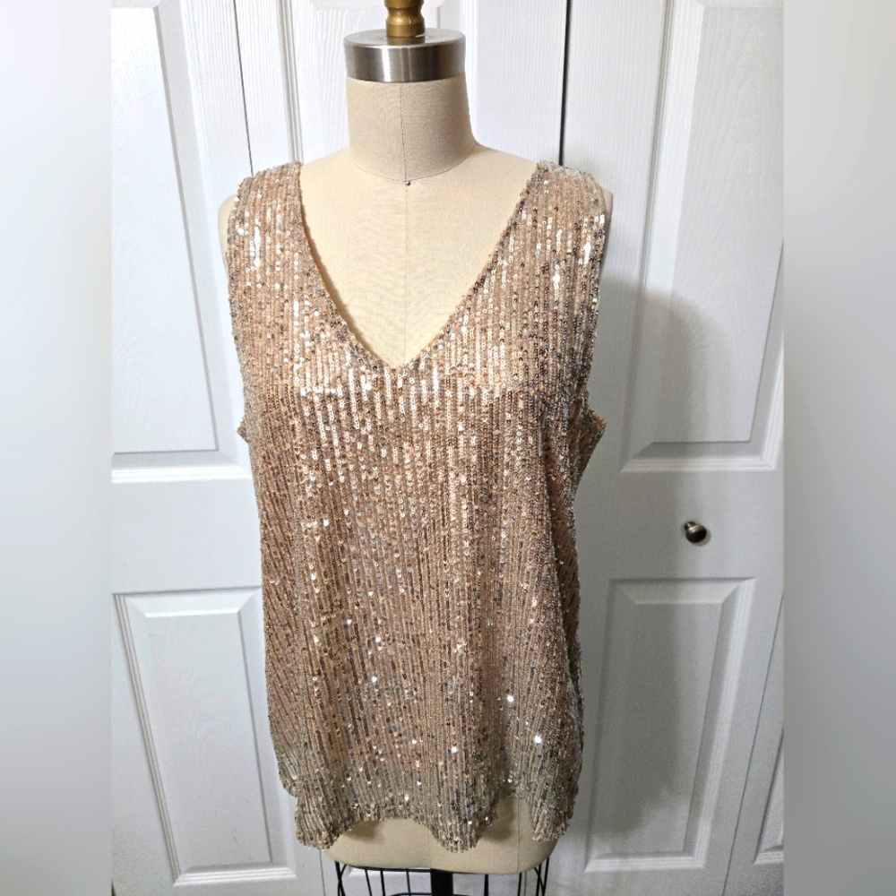Simply Styled Beige With Silver Sequin Tank Top, Size Large, Excellent Condition